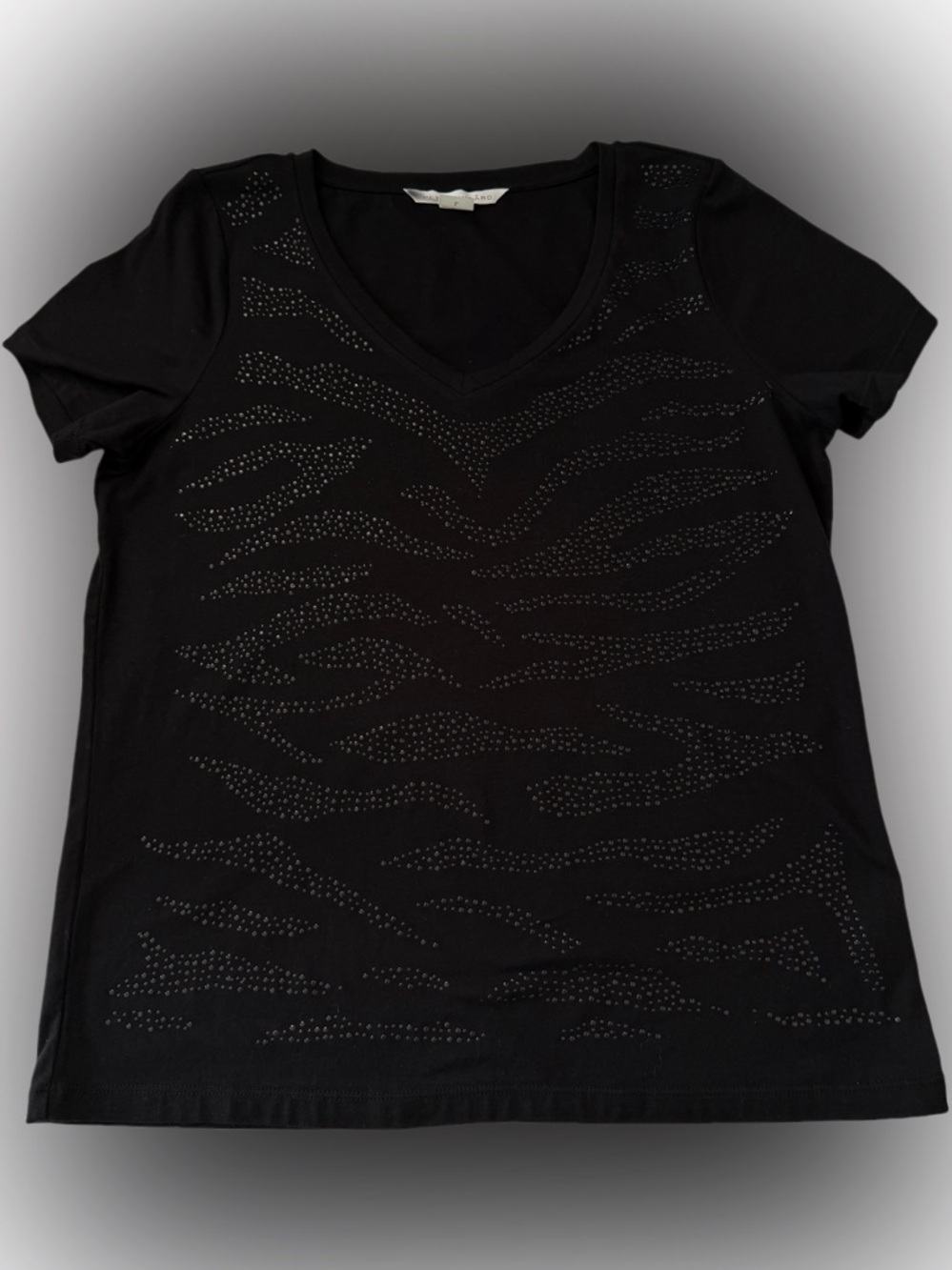 Peter Nygard Black Rhinestone Zebra Print V-Neck Top Size Large Sparkle NW